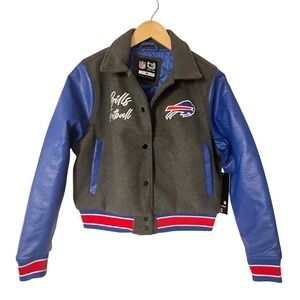 Ultra Game NFL Buffalo Bills Varsity Jacket Grey Blue Faux Leather QOLK150FBB-ZM